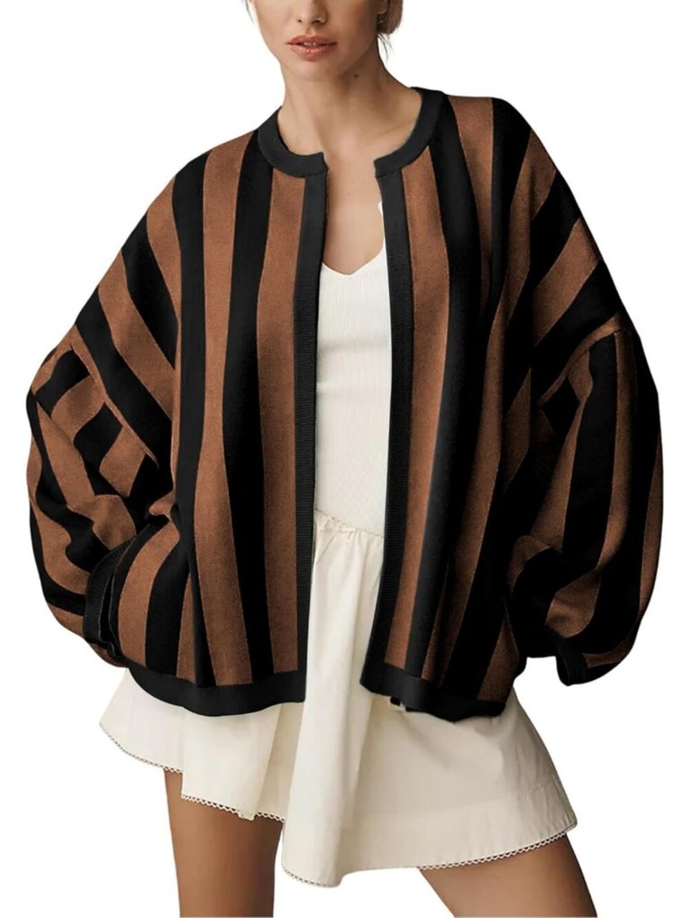 Casual Loose Fit Striped Cardigan with Long Balloon Sleeves - Open Front Knit